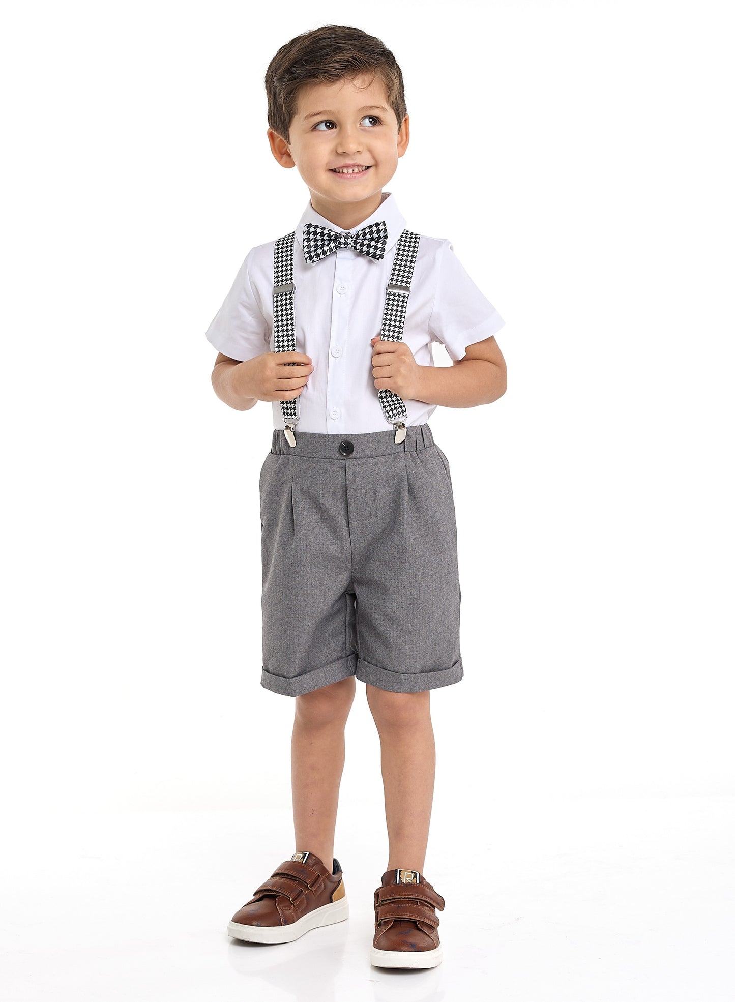 Gray Shorts And Braces Set With Shirt And Bow Tie