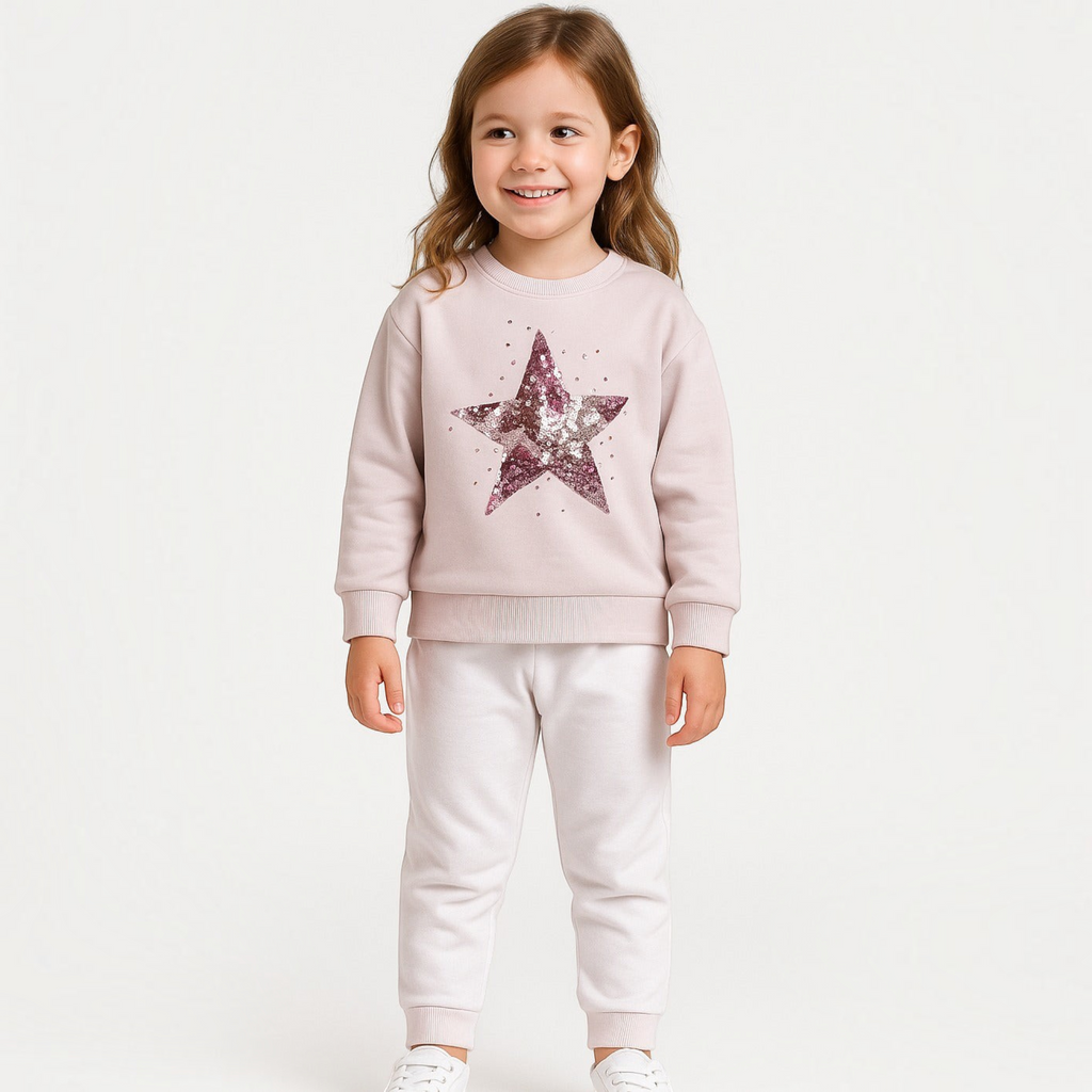 Young girl wearing a victor and jane pale pink sweatshirt featuring a large sparkling sequin star design