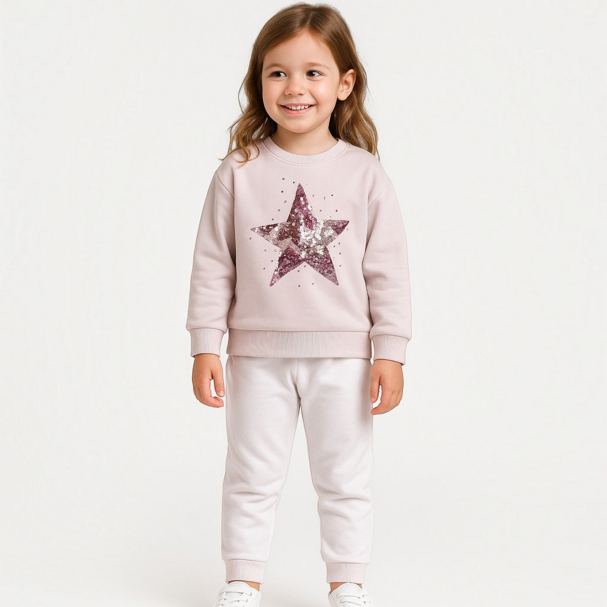 Young girl wearing a victor and jane pale pink sweatshirt featuring a large sparkling sequin star design