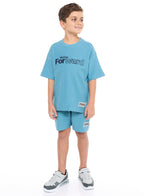 Oversized - Boys' Jacquard 2-Piece Set - Slogan Embroidered T-Shirt With Badge Detail And Matching Shorts With Pockets