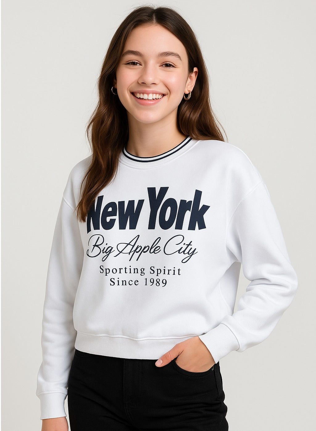 “New York Big Apple” Contrast Rib Sweatshirt – 100% Cotton Fleece