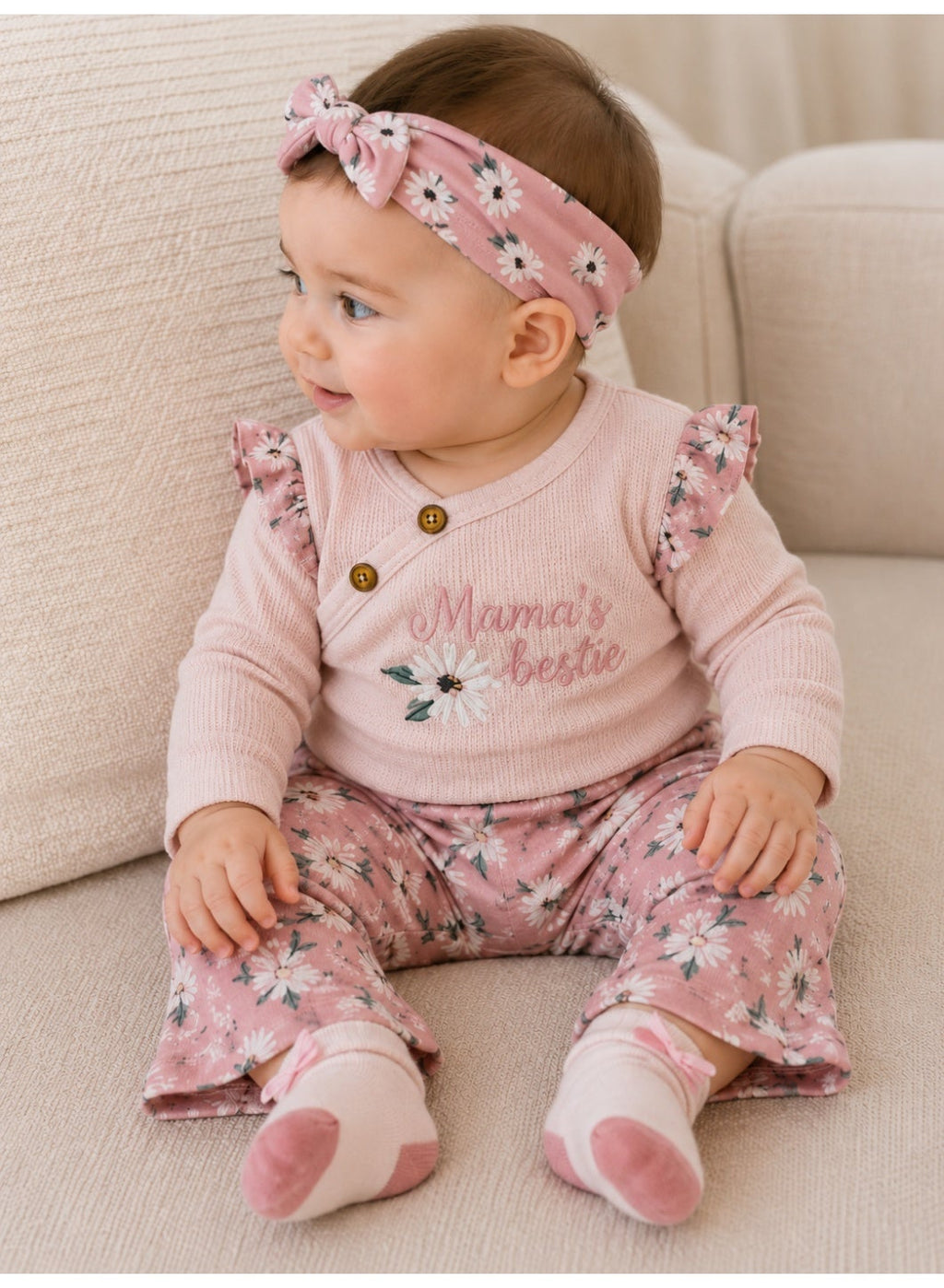 Baby Girls Wrap Bodysuit and Floral Pants Set with Socks and Headband (4-Piece)