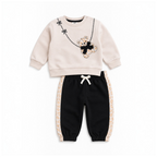 victor and jane girls 2-piece cotton french terry set with beige bear graphic sweatshirt and black jogger pants