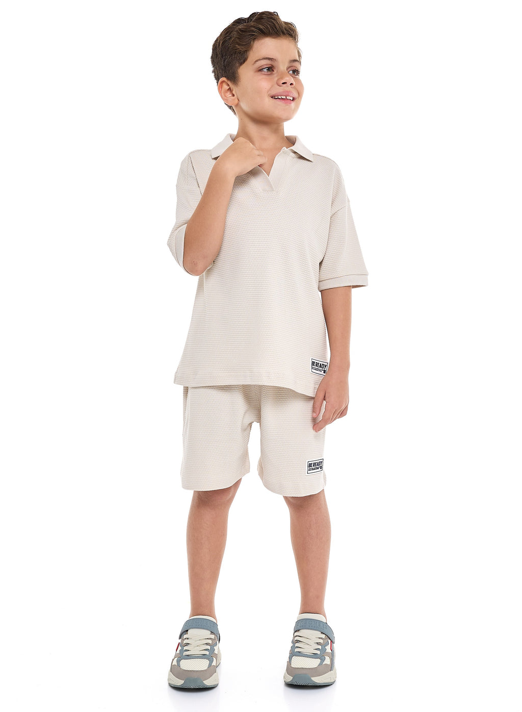 Oversized - Boys' Jacquard 2-Piece Set - Polo T-Shirt With Badge Detail And Matching Shorts With Pockets,