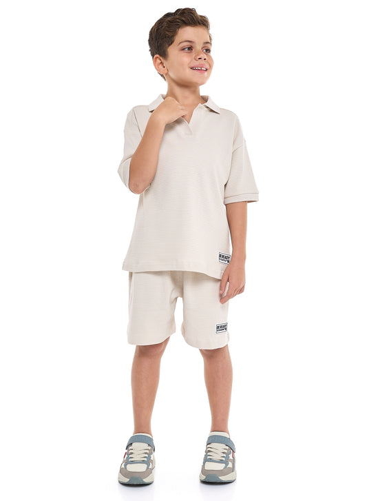 Victor and Jane Boys' Beige 2-Piece Jacquard Set with Pockets