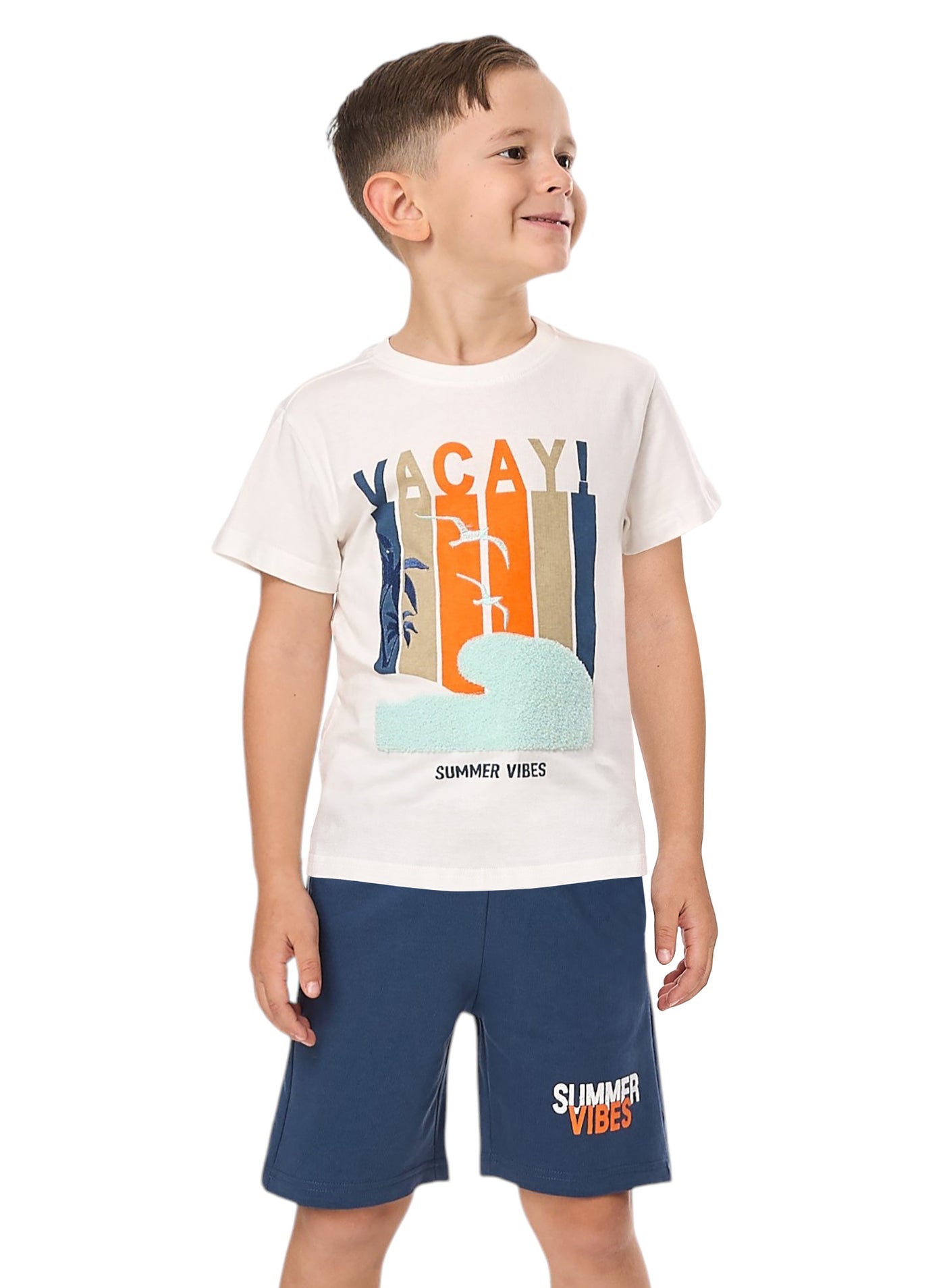 Victor And Jane Boys' 2Pc Set “ Summer Vibes & Beach Days -Off White And Blue