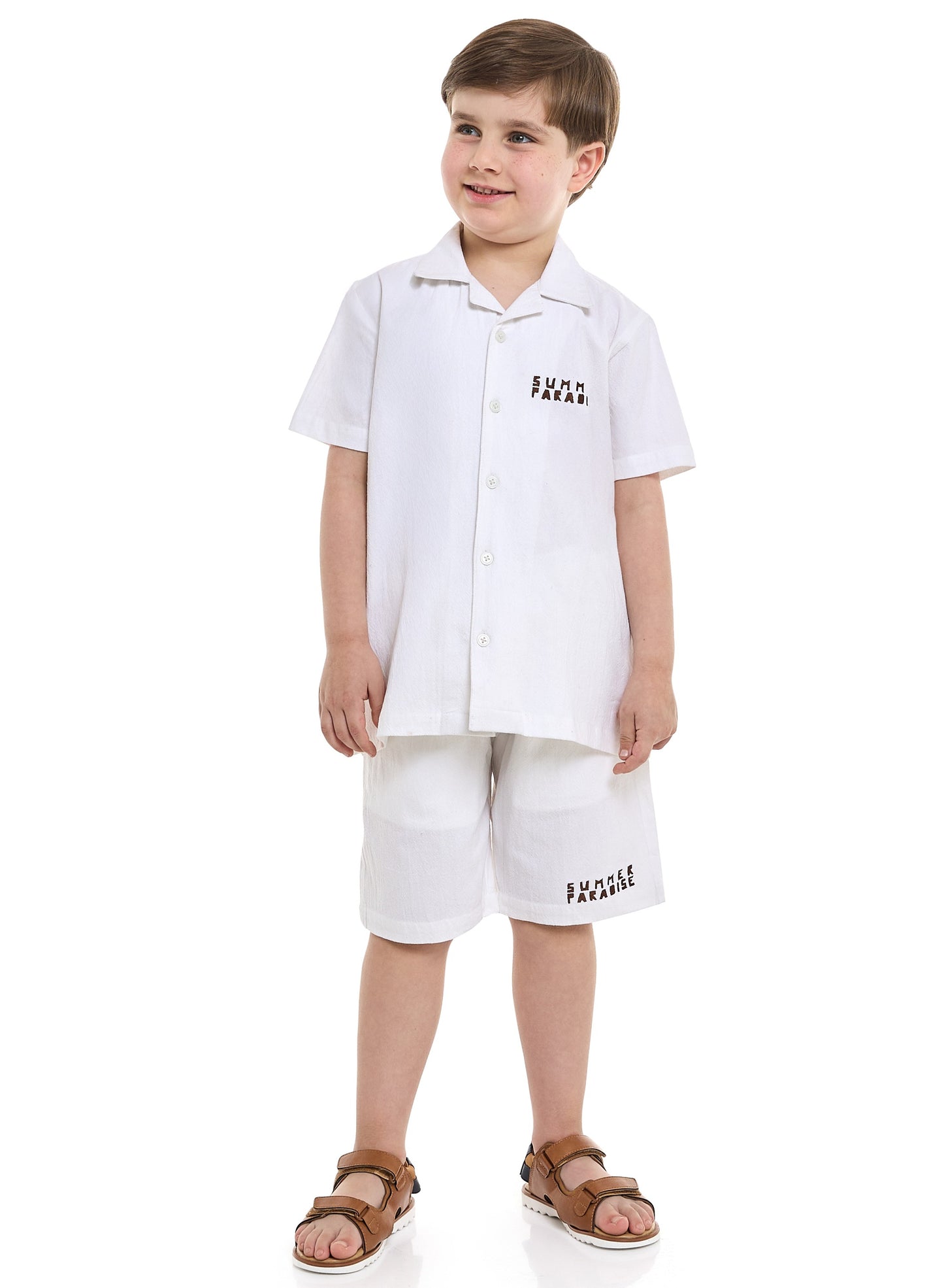 Boys' Casual Cotton Shirt & Shorts Set with Back Print – Short Sleeve Outfit - Off White
