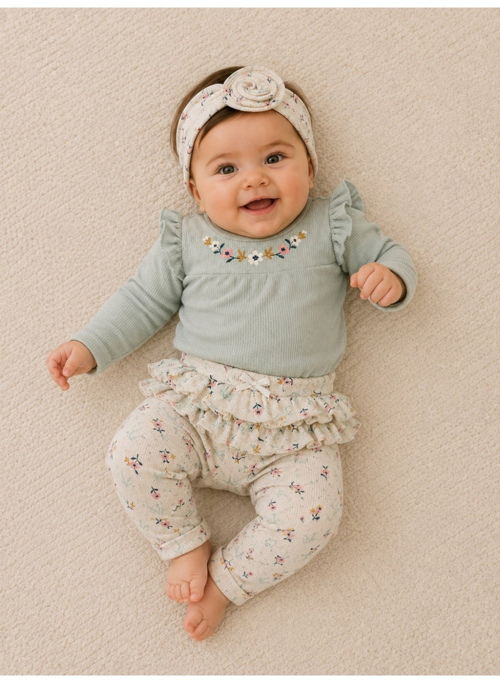Baby Girls Long Sleeve Bodysuit & Ruffle Pants Set with Headband (3-Piece Set)