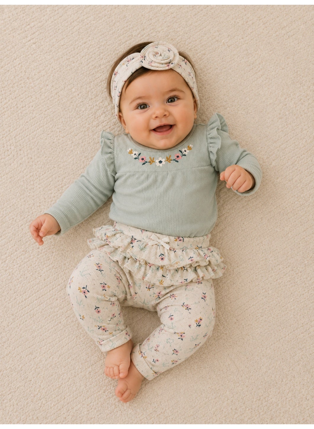 Baby Girls Long Sleeve Bodysuit & Ruffle Pants Set with Headband (3-Piece Set)