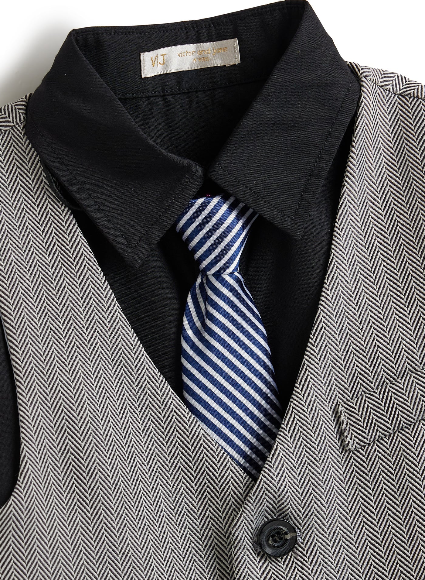 Grey Herringbone Waistcoat And Pant Set With Shirt And Tie