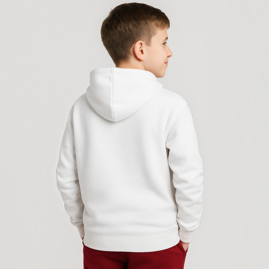A young boy wearing a plain white victor and jane hooded sweatshirt, viewed from the back against a grey background.