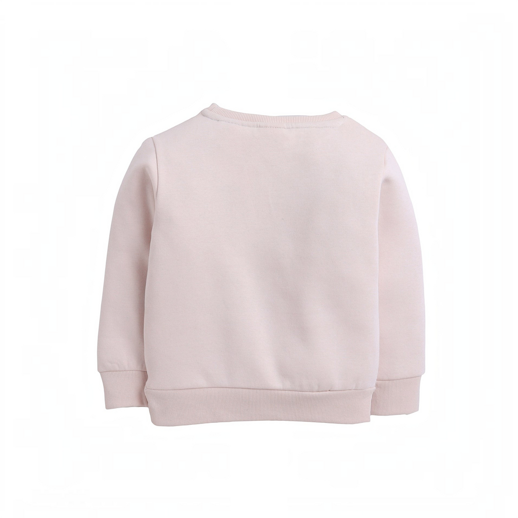 Back view of a light pink girls sweatshirt by victor and jane with ribbed cuffs and hem