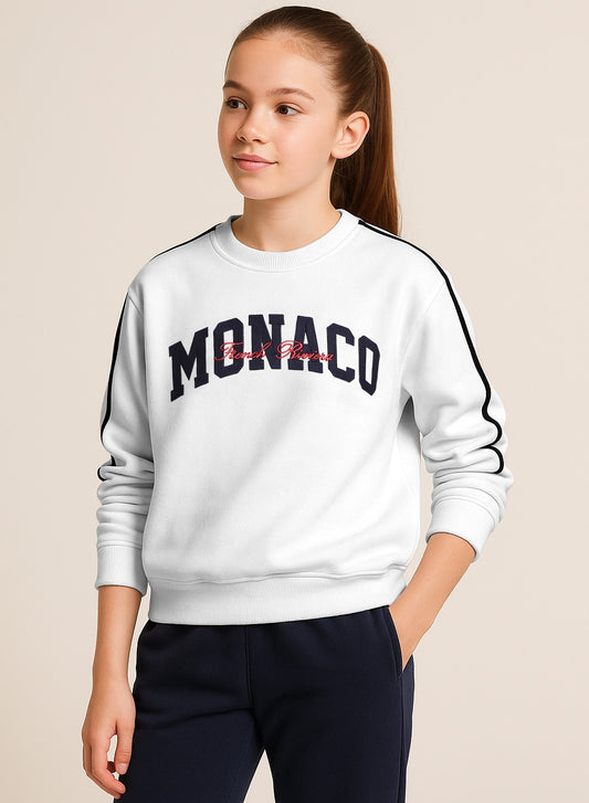 “Monaco” Girls' Varsity Sweatshirt – Off-White | 100% Cotton Fleece |