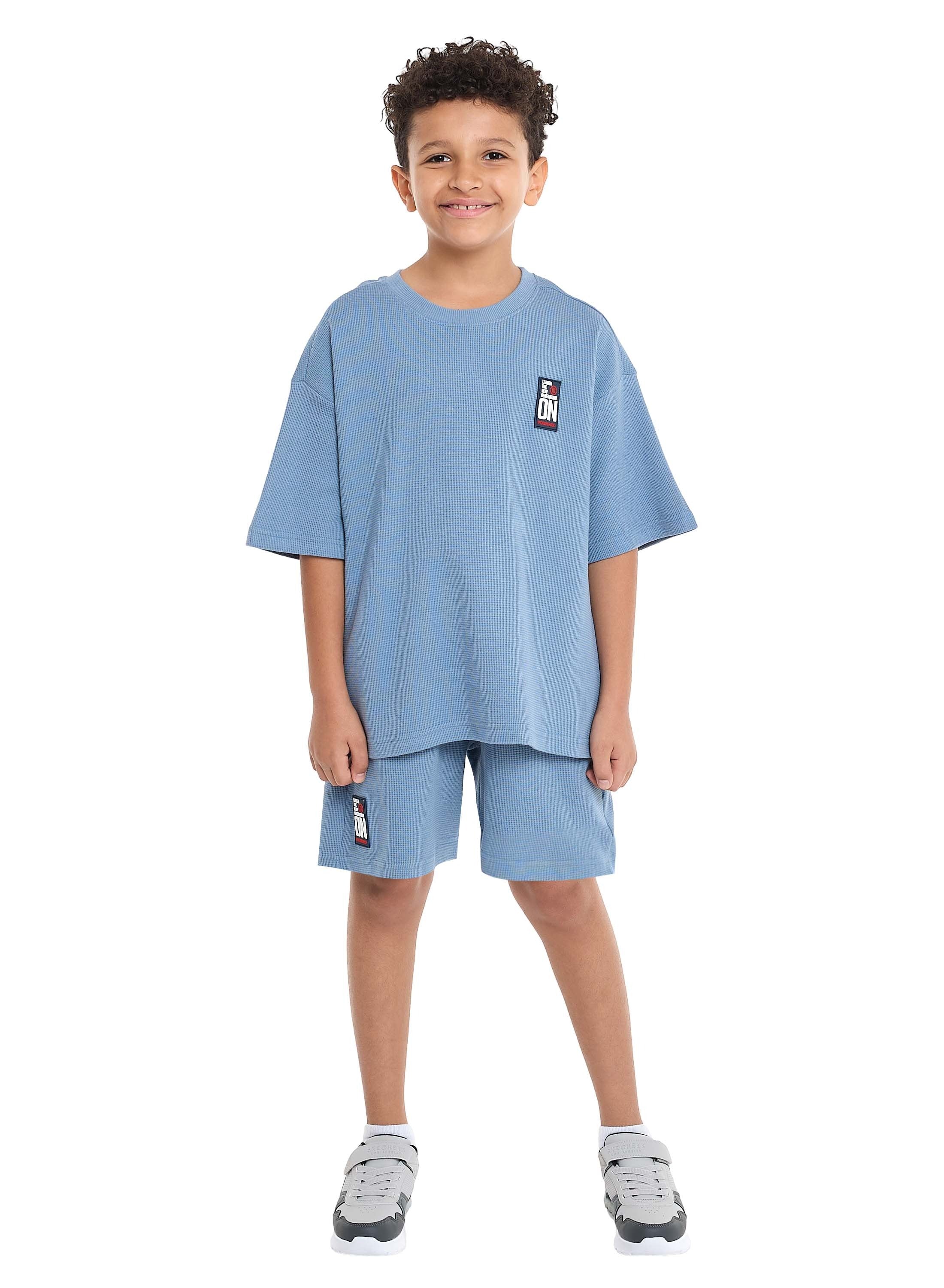 Victor And Jane Boys' Cord Set “ Light Blue T-Shirt And Shorts Outfit With Label Detail