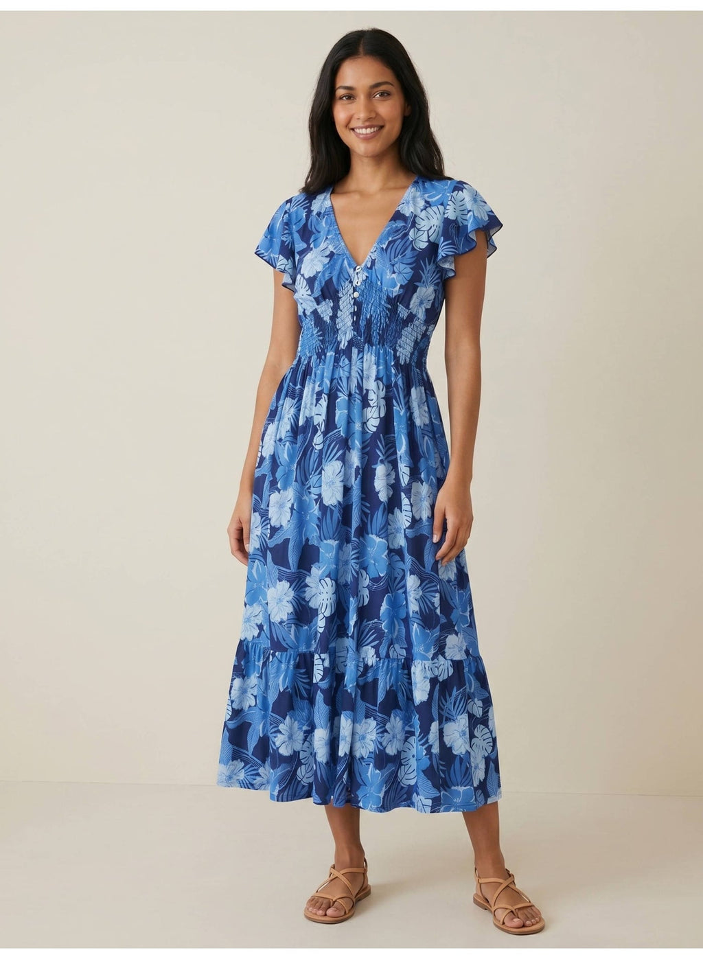 Blue Floral V-Neck Dress With Flutter Sleeves