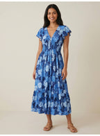 Blue Floral V-Neck Dress With Flutter Sleeves