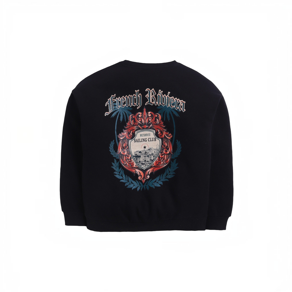 victor and jane boys black sweatshirt featuring a French Riviera sailing club graphic print on the back