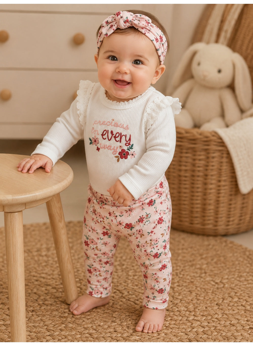 Baby Girls Long Sleeve Bodysuit and Floral Pants Set with Headband (3-Piece)