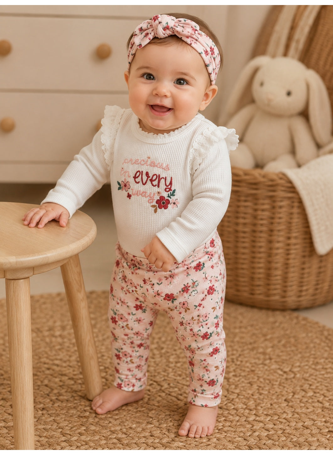 Baby Girls Long Sleeve Bodysuit and Floral Pants Set with Headband (3-Piece)