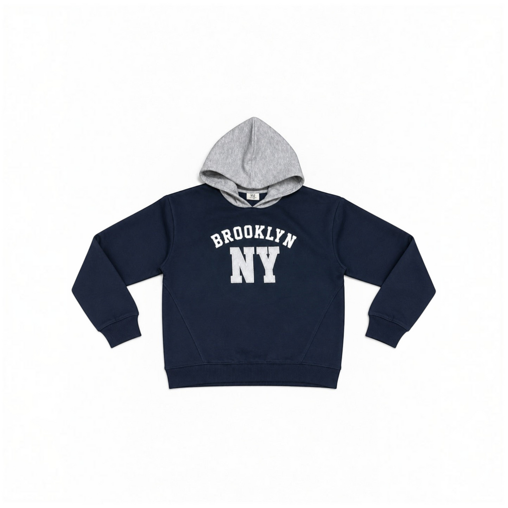 victor and jane boys navy blue fleece hoodie with grey hood and white Brooklyn NY graphic print
