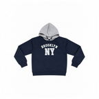 victor and jane boys navy blue fleece hoodie with grey hood and white Brooklyn NY graphic print