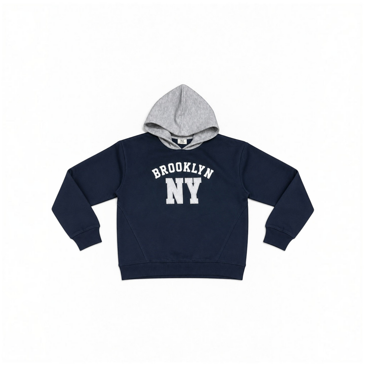 victor and jane boys navy blue fleece hoodie with grey hood and white Brooklyn NY graphic print