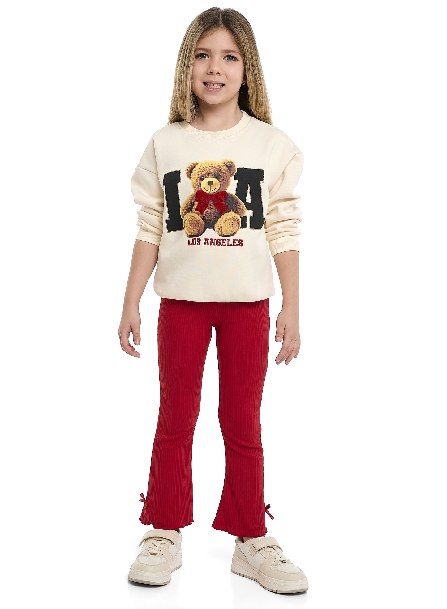 Girls LA Teddy Fleece Tracksuit – Cream & Red 2-Piece Set