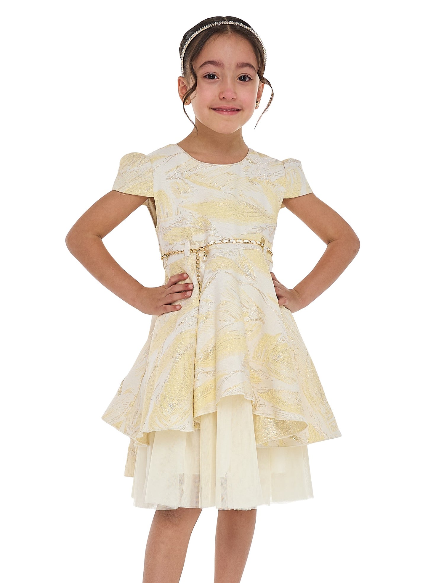 Girls Chic Yellow/Gold Jacquard & Tulle Party Dress