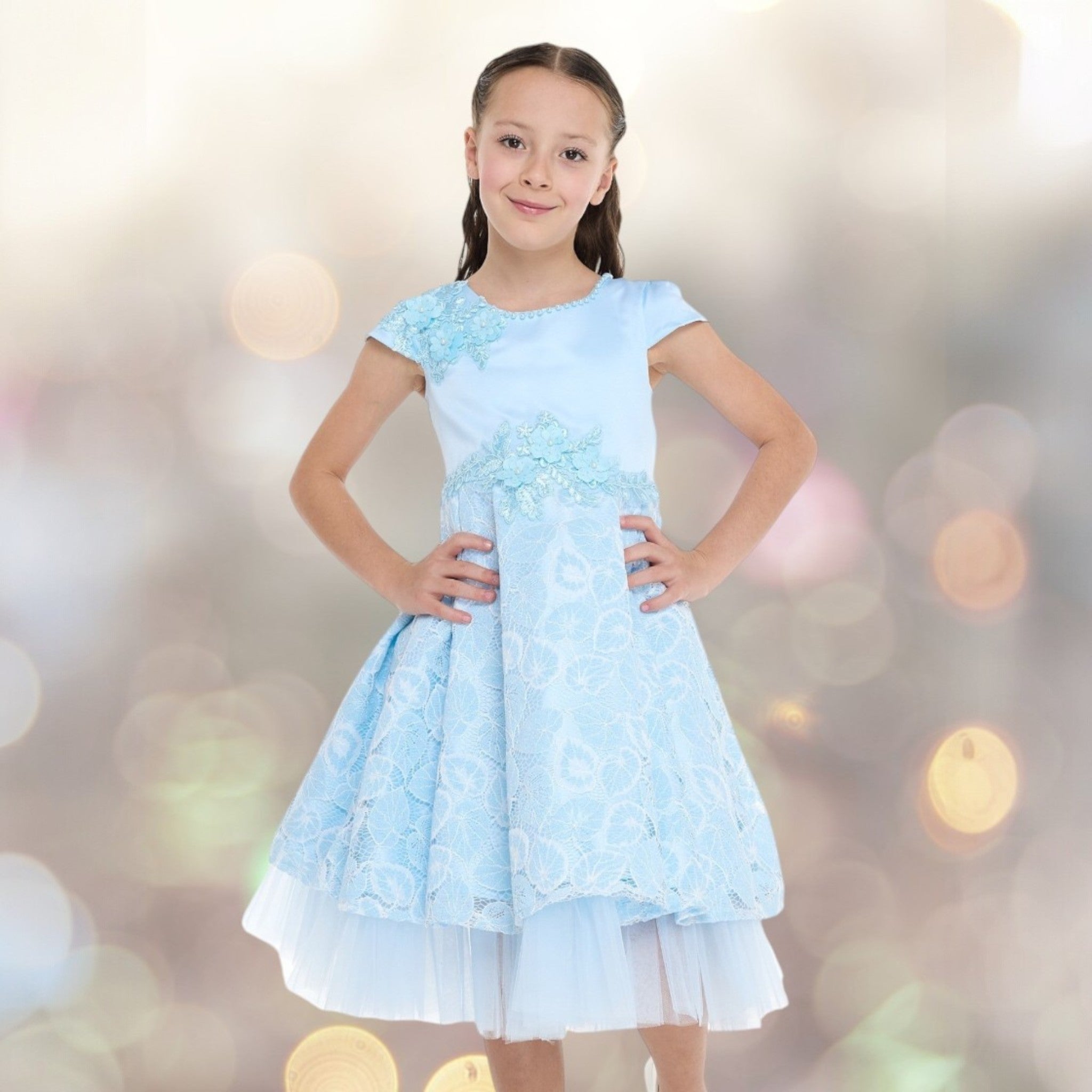 Chic Sky Blue Satin & Lace Party Dress With Mesh & Decoration