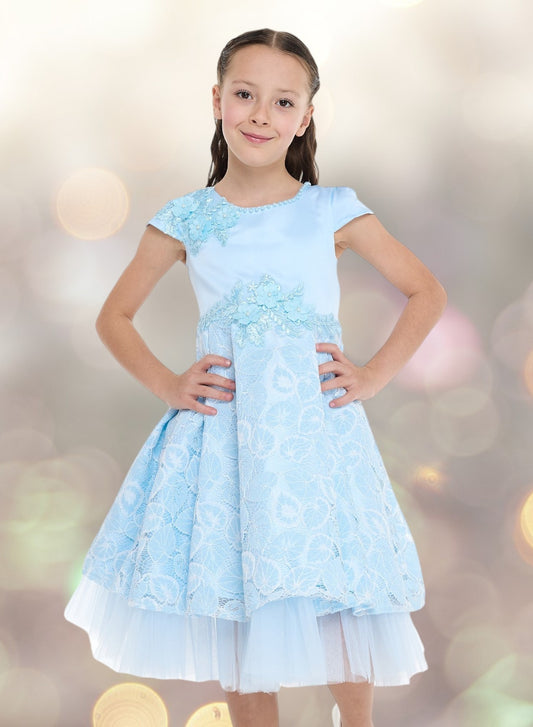 Chic Sky Blue Satin & Lace Party Dress With Mesh & Decoration
