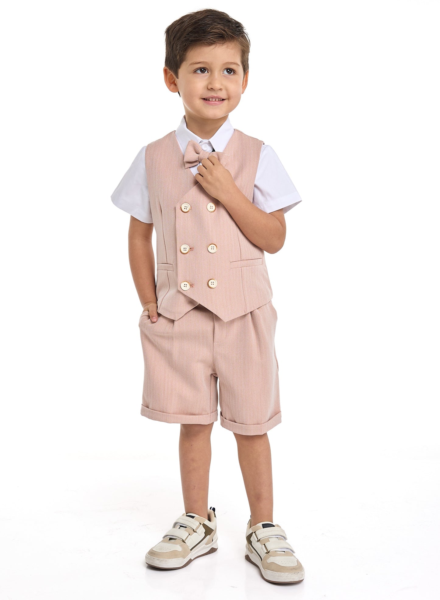 Salmon Color Waistcoat And Short Set With Shirt And Bow Tie