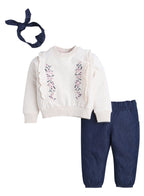 Dirkje Cotton Ruffled Floral Embroidered Sweatshirt And Joggers Set With Headband - White/Navy Blue