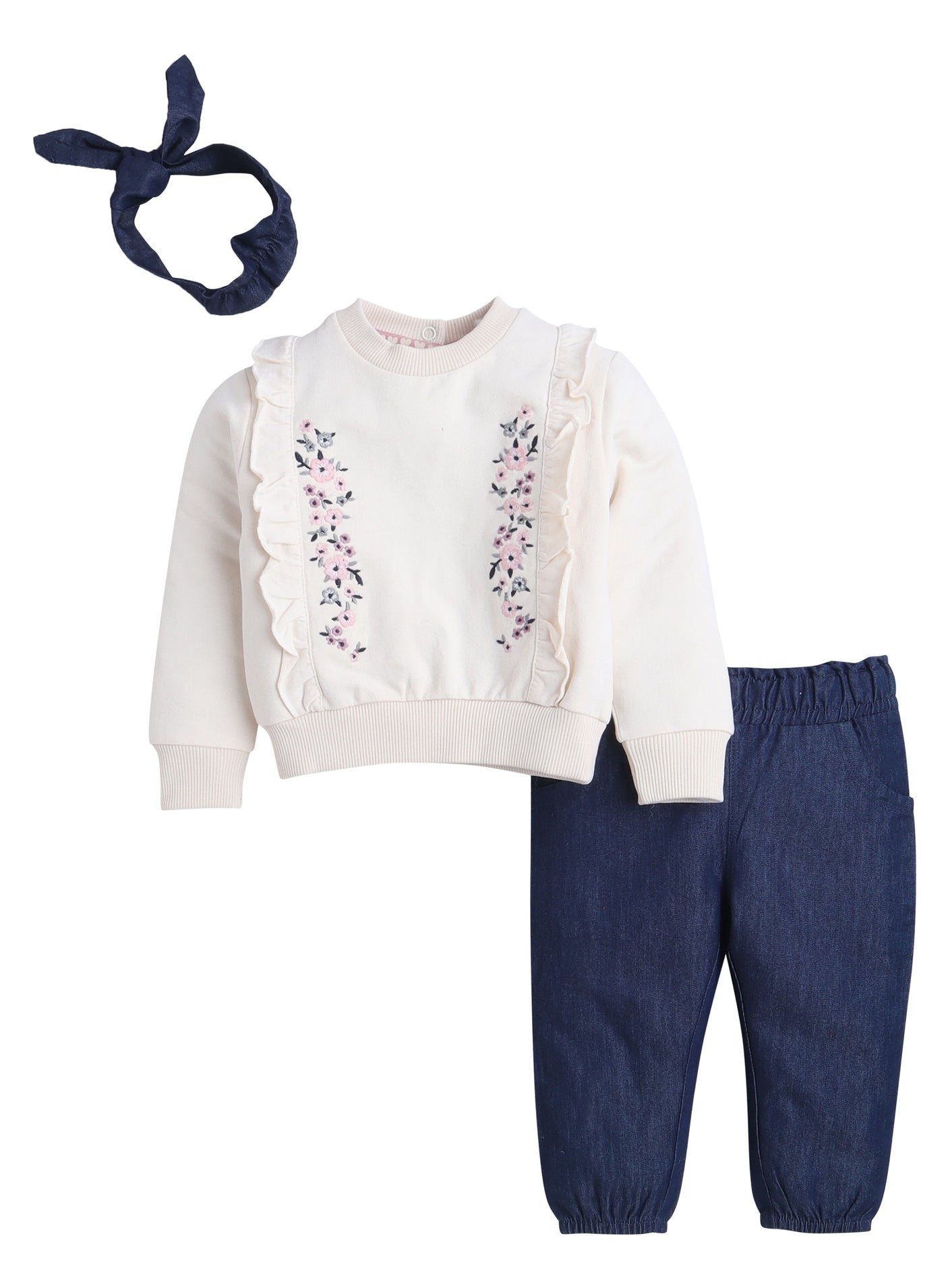Dirkje Cotton Ruffled Floral Embroidered Sweatshirt And Joggers Set With Headband - White/Navy Blue