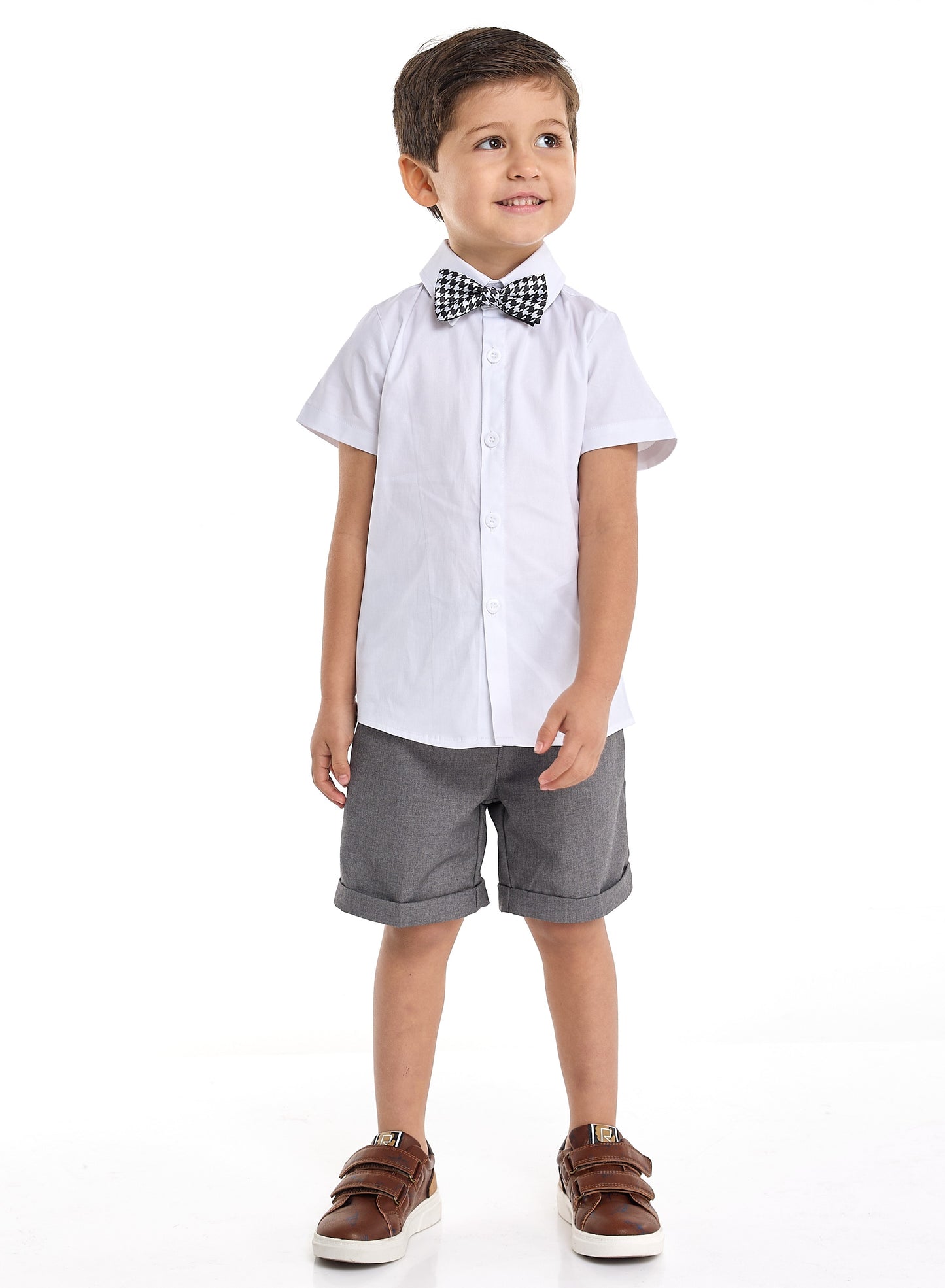 Gray Shorts And Braces Set With Shirt And Bow Tie
