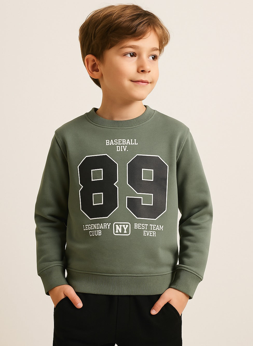 Boys’ Olive Green Œ89 Baseball Club” Sweatshirt