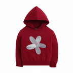 victor and jane girls red hoodie featuring a large silver embroidered daisy flower on the front