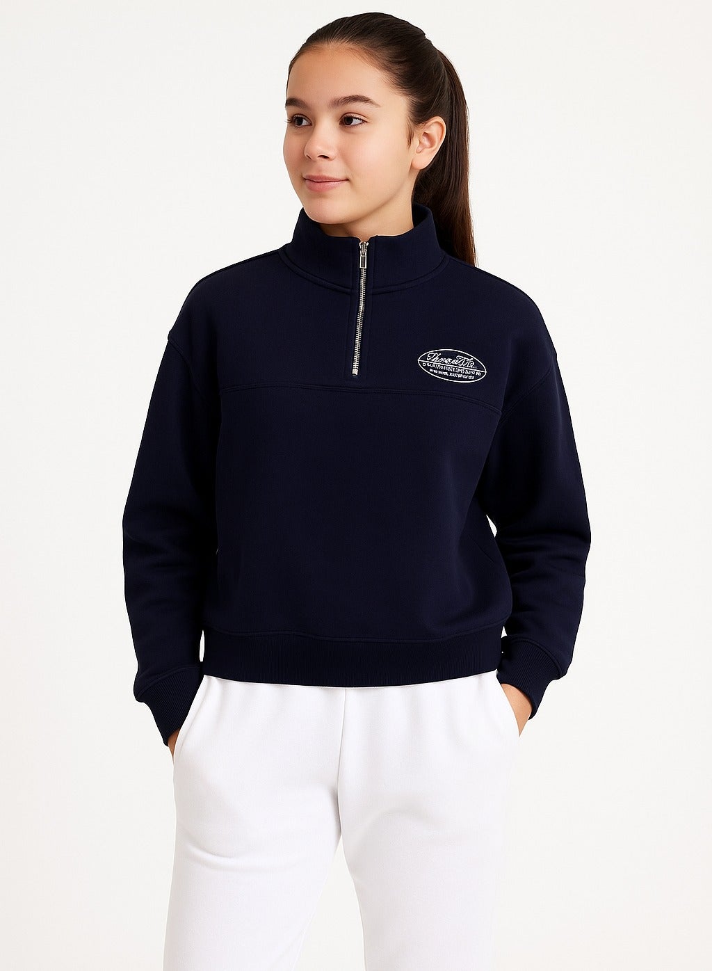 “Sports Club” Girls' Half-Zip Sweatshirt – Navy | 100% Cotton Fleece |