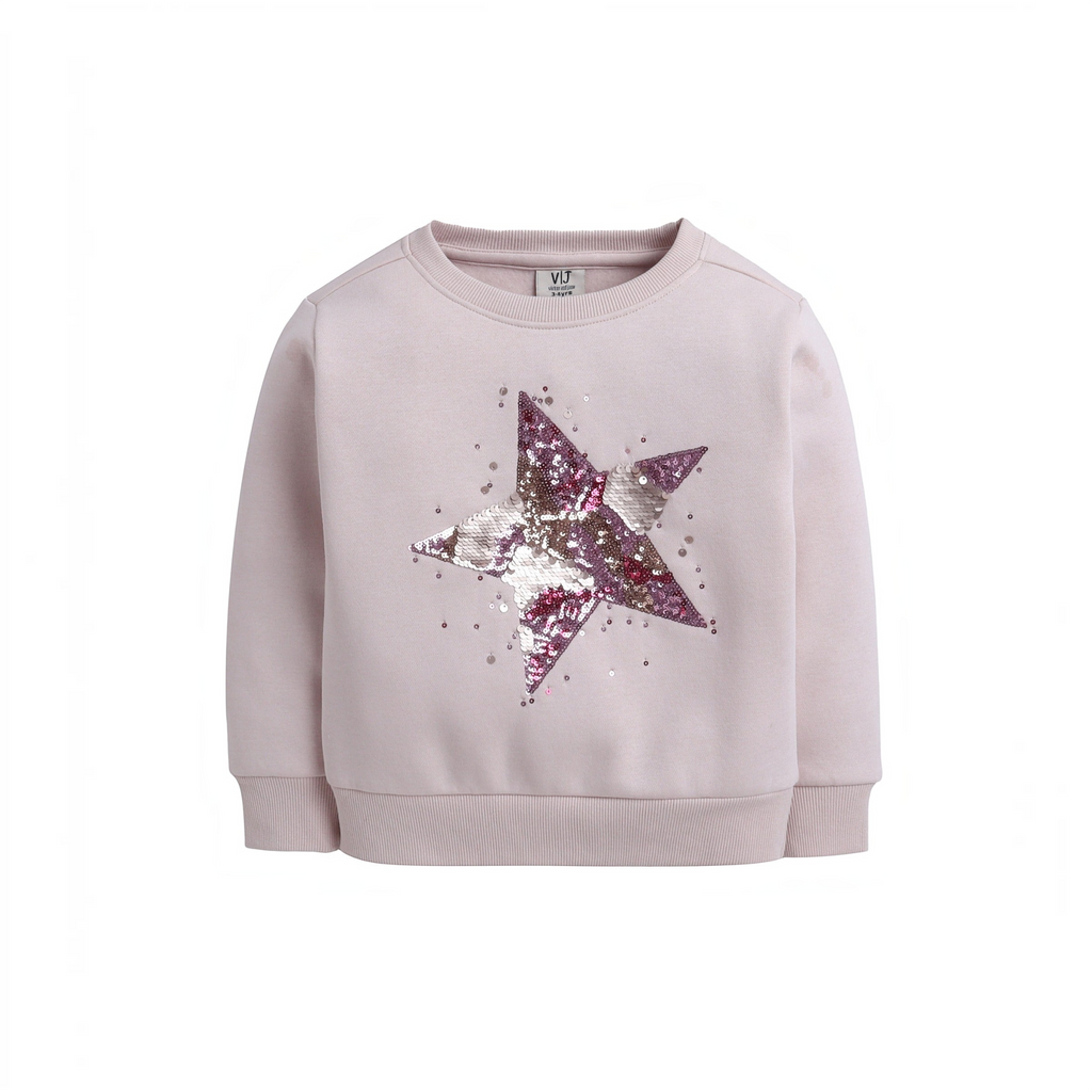 victor and jane girls light pink sweatshirt featuring a large sequin star design on the front