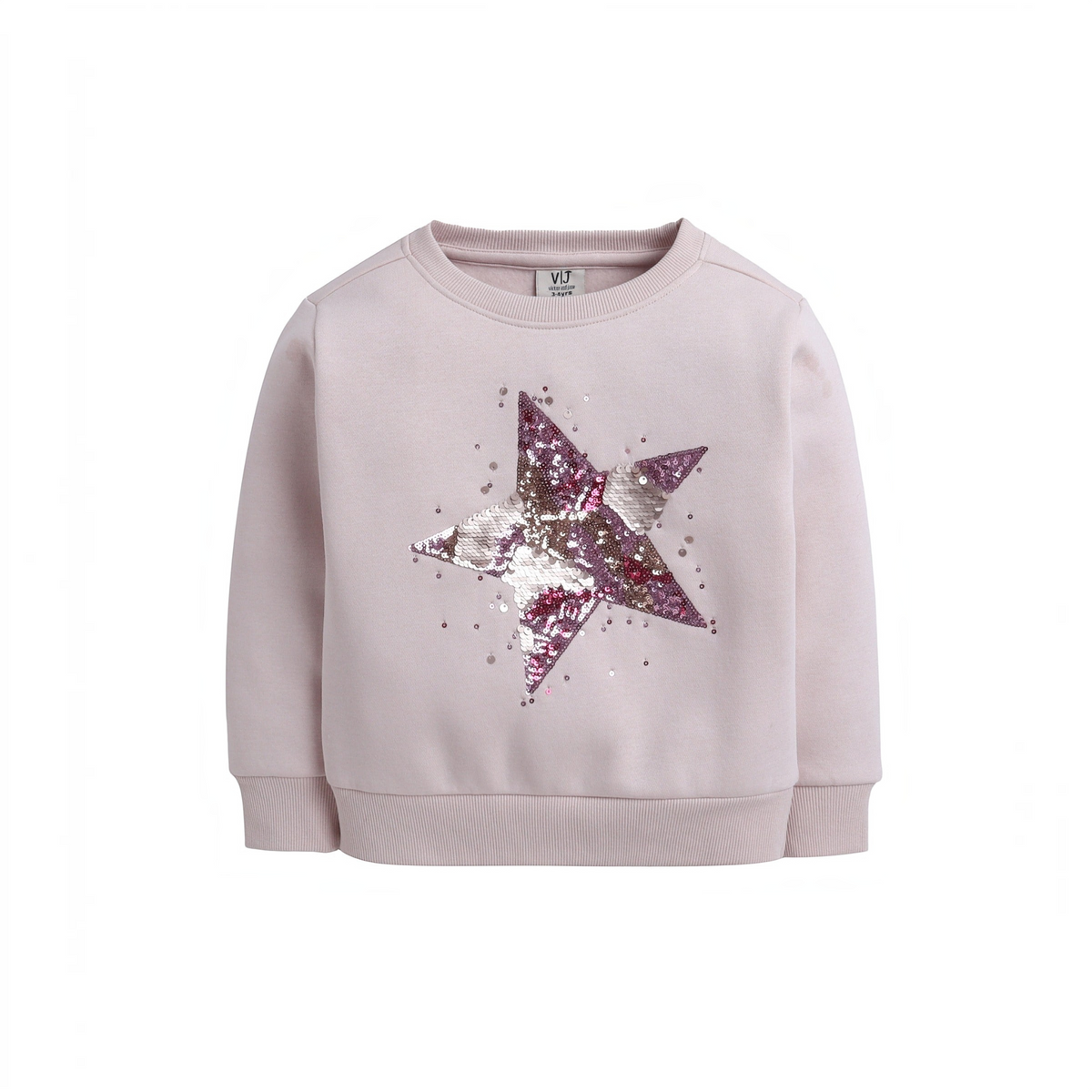 victor and jane girls light pink sweatshirt featuring a large sequin star design on the front