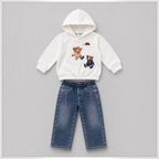 victor and jane boys 2-piece set with white cotton-blend hoodie featuring bear basketball print and blue denim pants