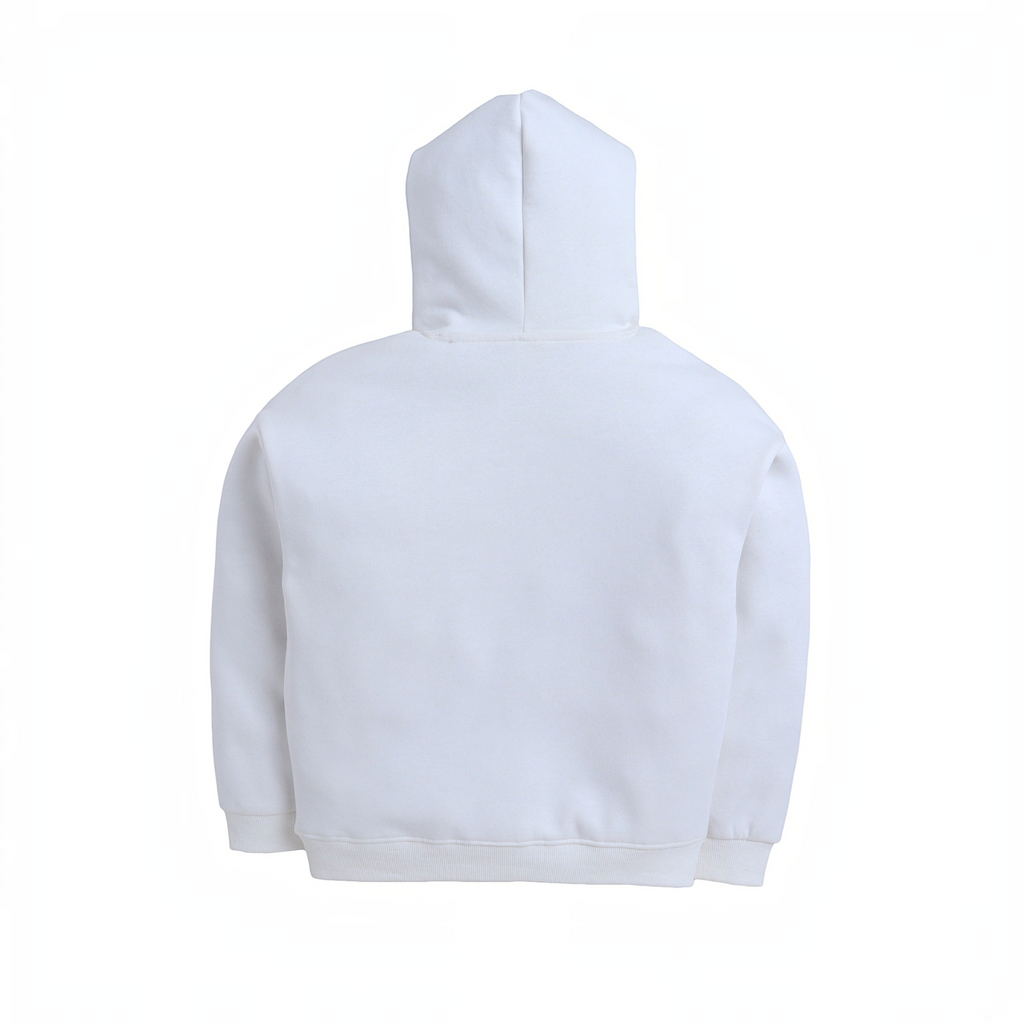 victor and jane boys plain white hooded sweatshirt viewed from the back