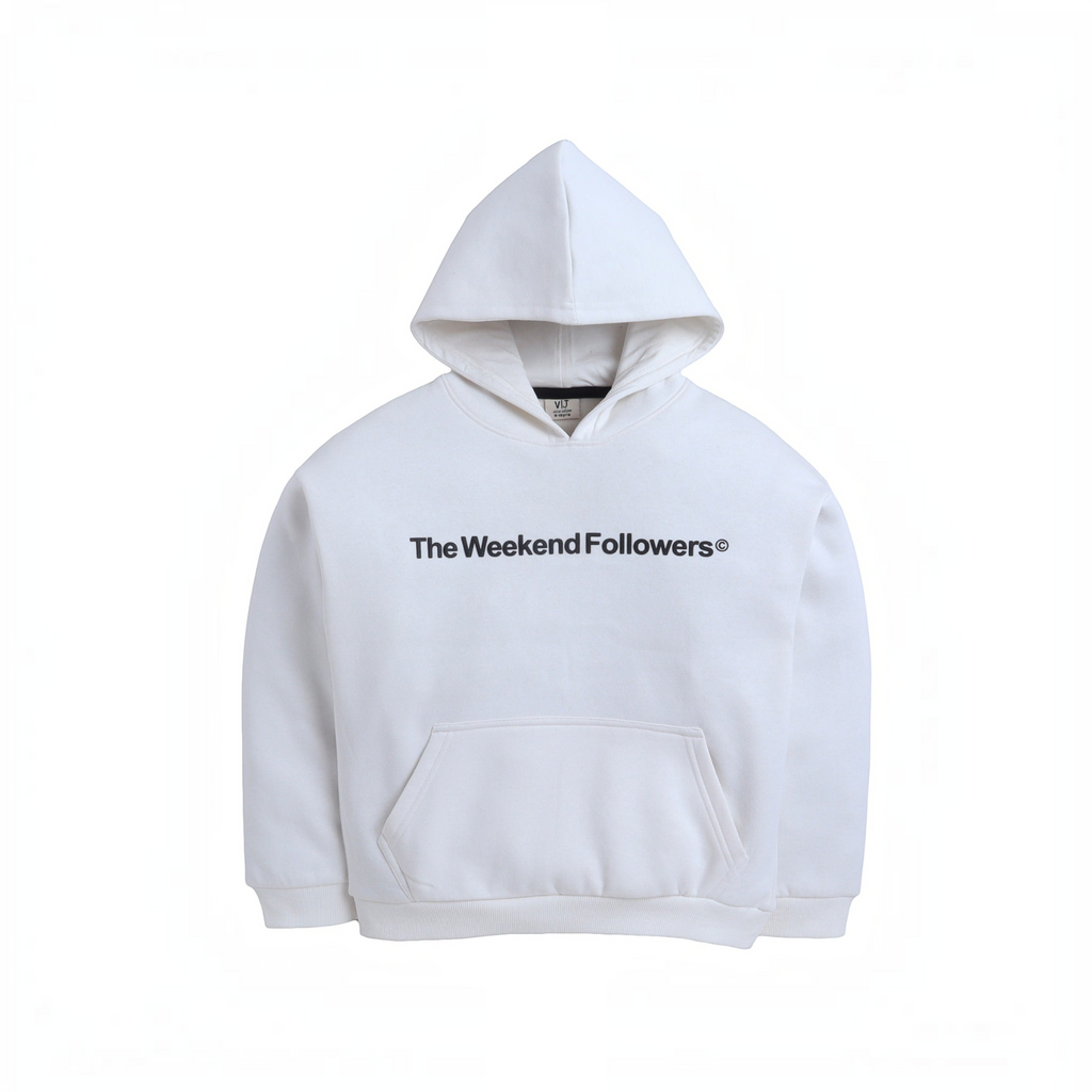 victor and jane boys white hooded sweatshirt with The Weekend Followers graphic print and front kangaroo pocket
