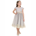 Grey/Gold Jacquard And Tulle Dres With Lace