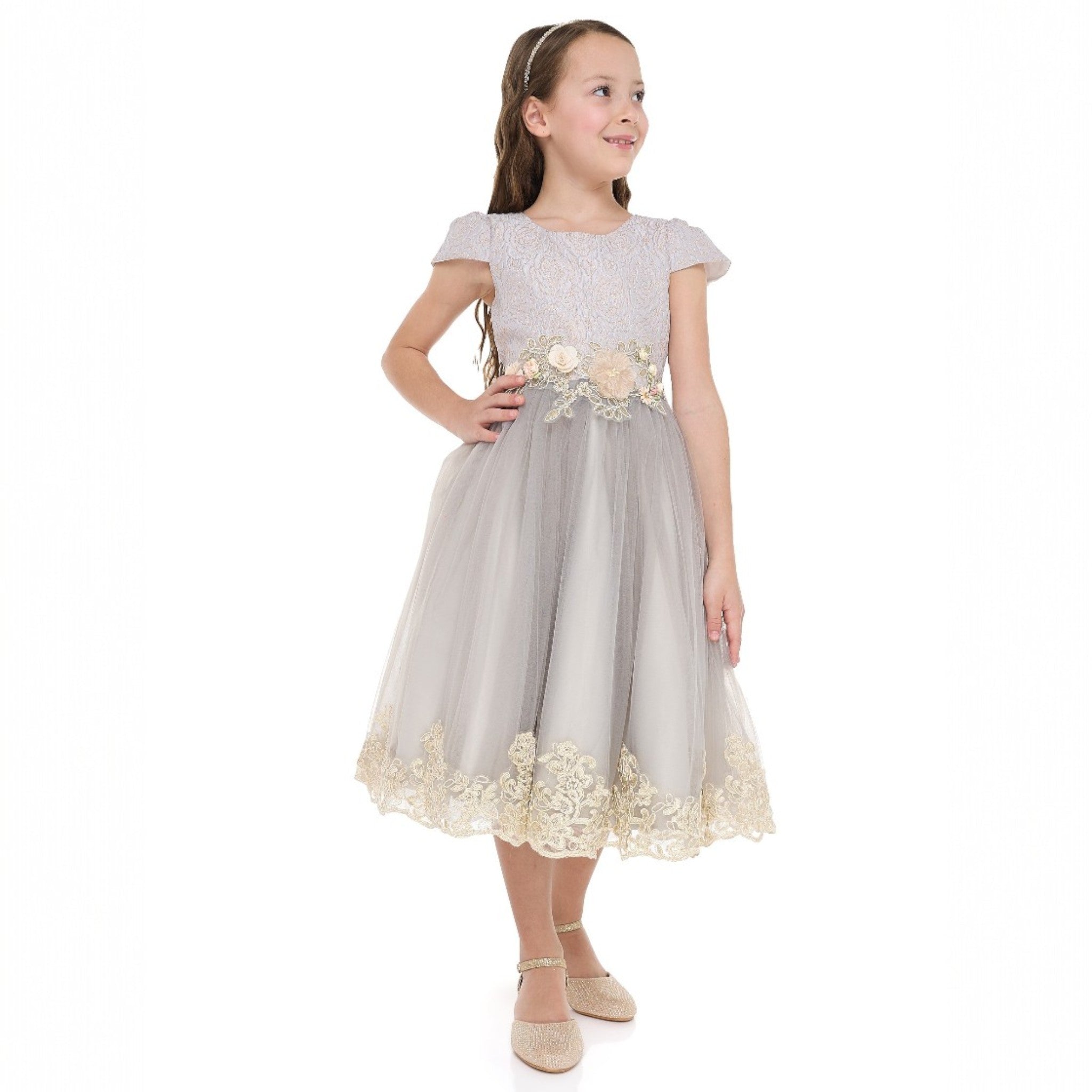 Grey/Gold Jacquard And Tulle Dres With Lace