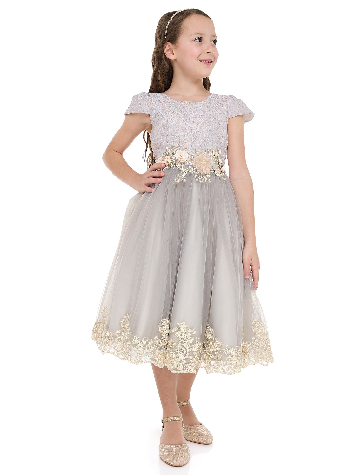 Grey/Gold Jacquard And Tulle Dress With Lace