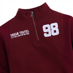 victor and jane boys burgundy quarter-zip sweatshirt with Urban Travel text and number 98 embroidery