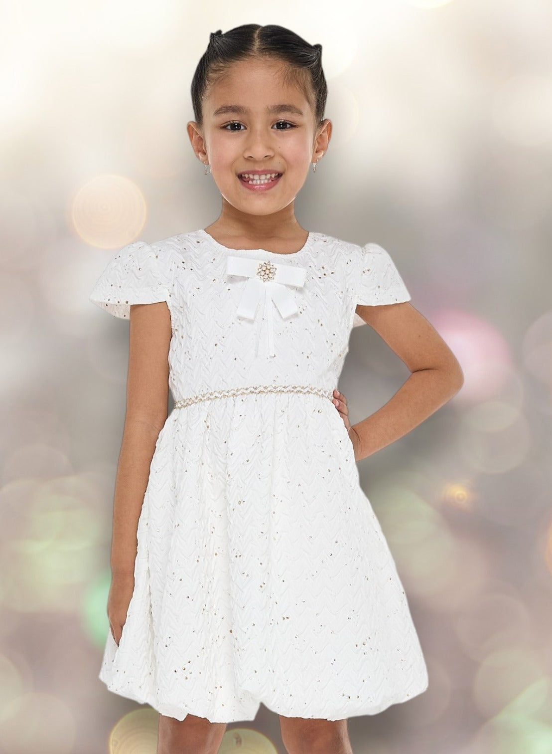 Ivory/Gold Bow Jacquard Dress