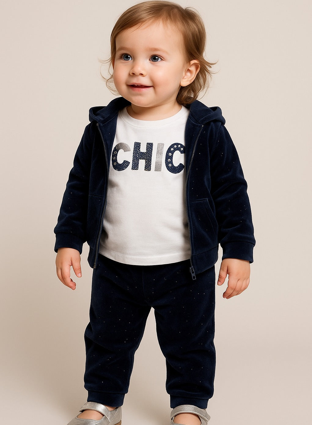Infant Girls Navy Glitter 3-Piece Hoodie-Long sleeve Tee and Jogger Pants Set