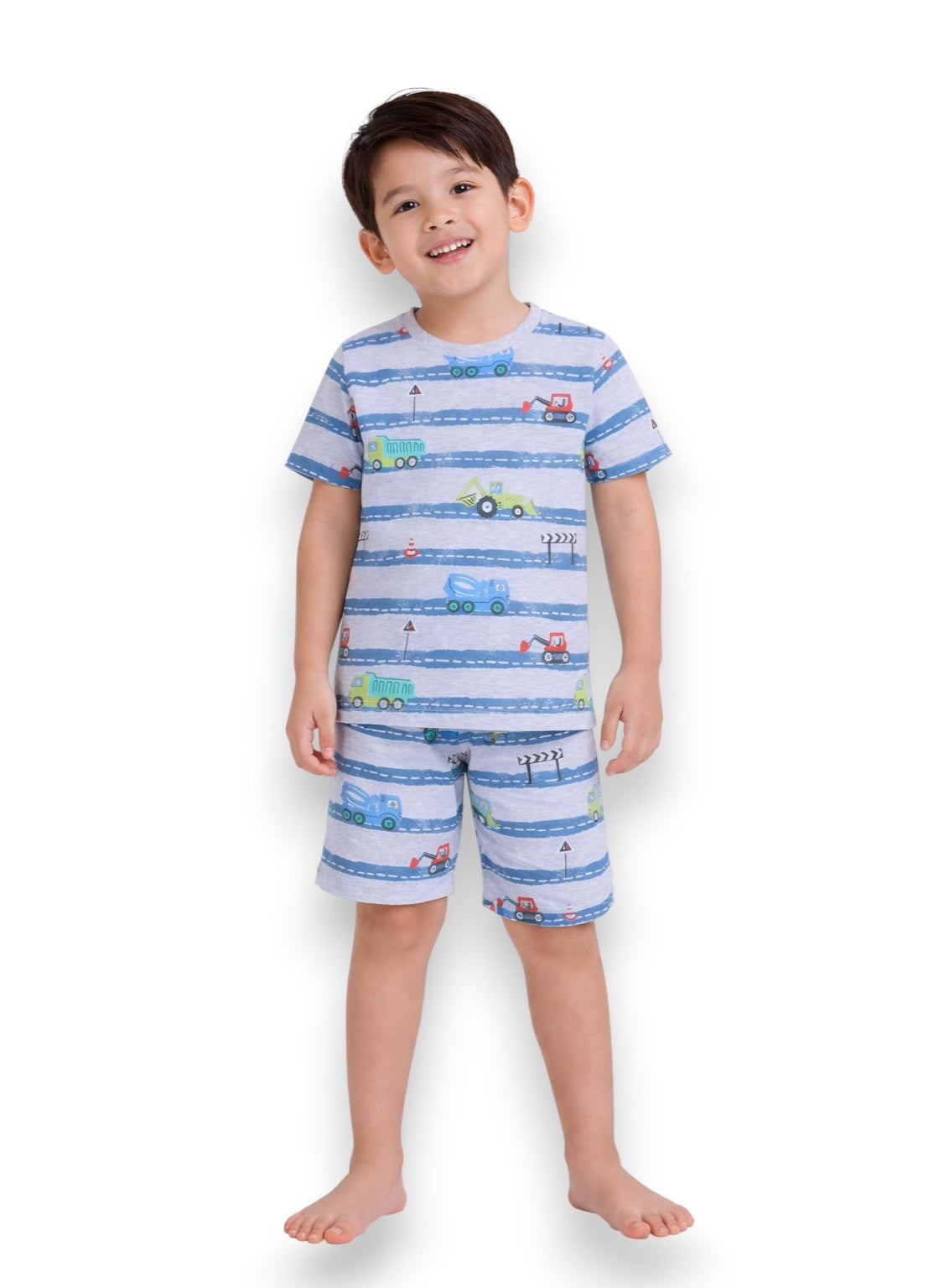 Boys Vehicle Stripe Print Cotton Pajama Set “ T-Shirt & Shorts Nightwear