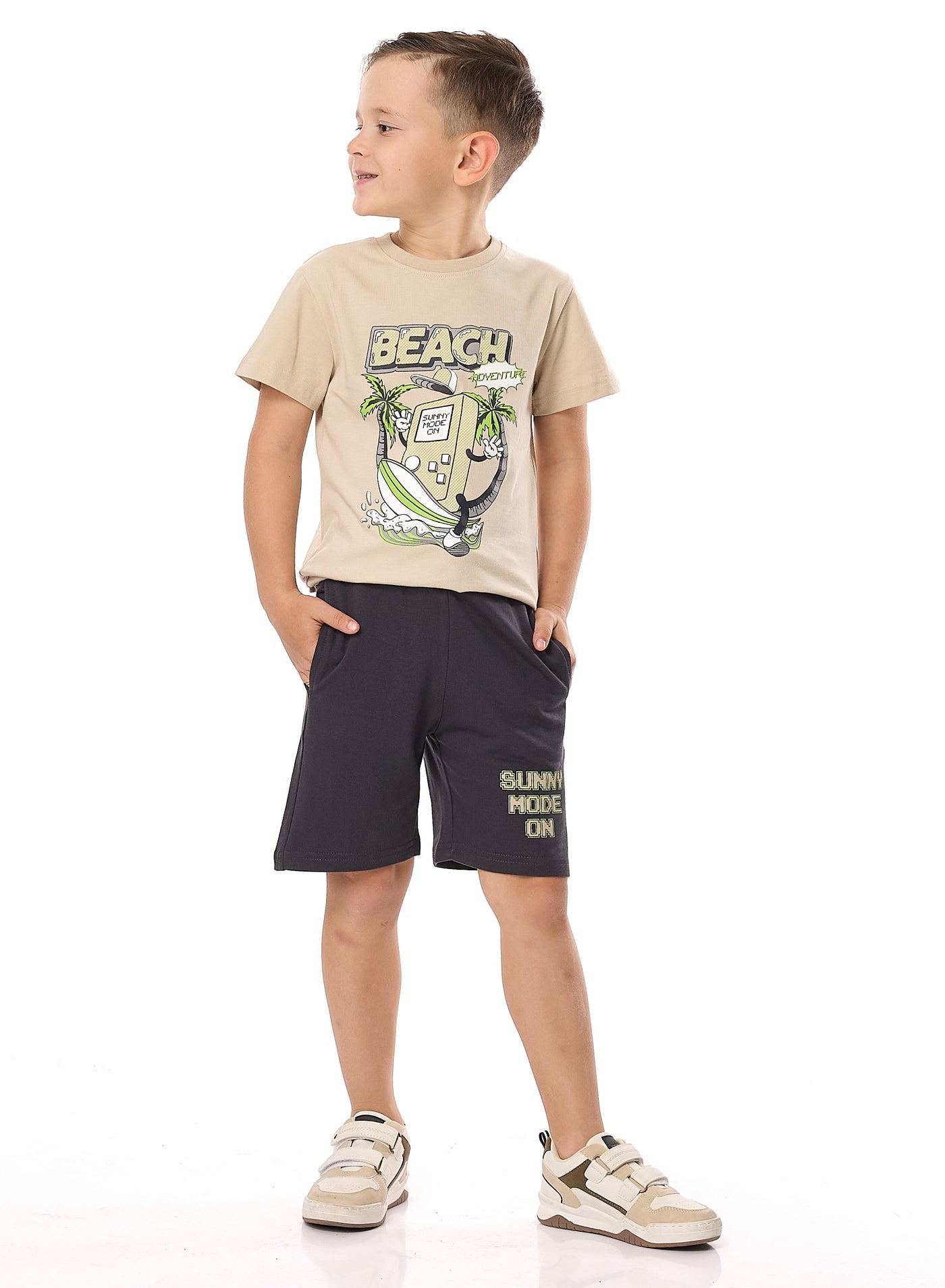 Victor and Jane Boys' 2PC Set – Beach Days - Beige and Dark Grey